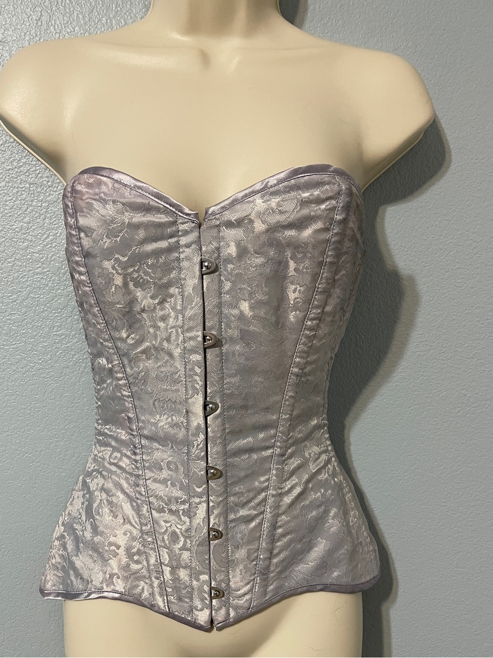 Silver Brocade Corset Lace Up Boned Y2K Regency Goth Bustier Small Adjustable